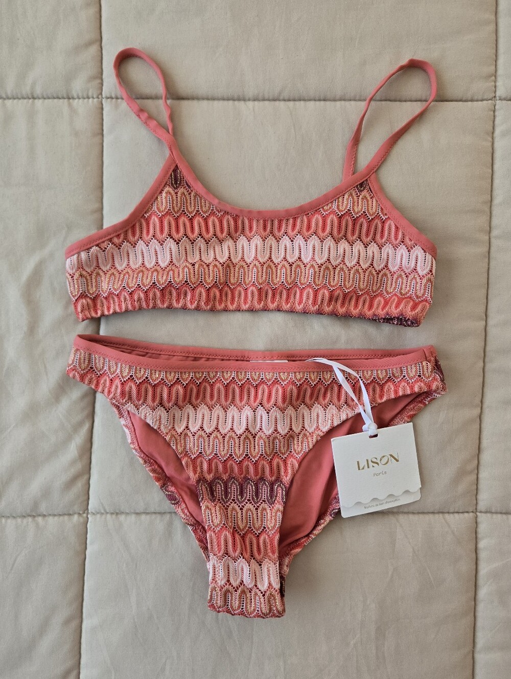 Lison Paris Sunset Coral Two-Piece Swimsuit Bikini Zig Zag Pattern Girls 12 Yrs